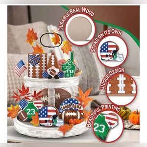 NEW Fall Football Tiered Tray Decorations Wooden Signs Farmhouse Rustic Set